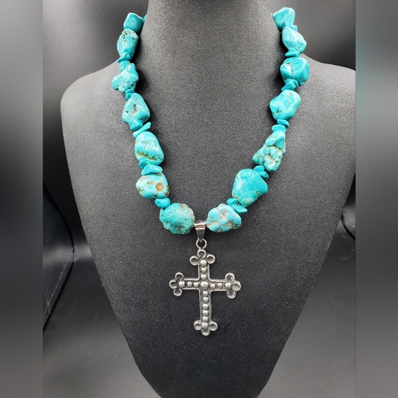 Sterling silver cross with turquoise and turquoise howlite  nuggets - Picture 1 of 7